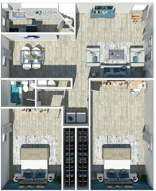 A series of images showing different views of a kitchen and living room.